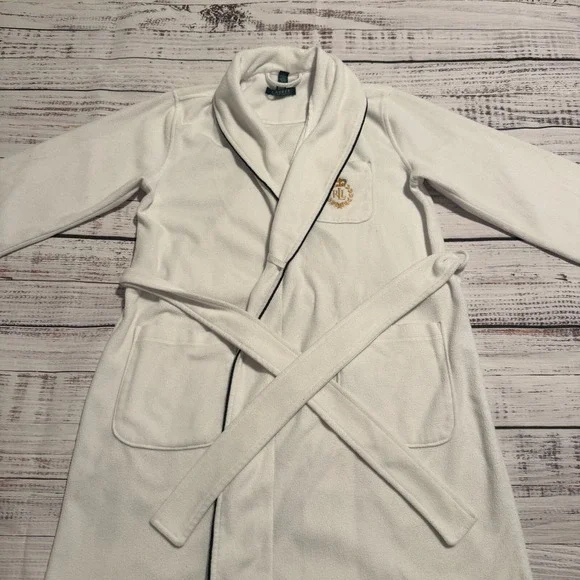 Lauren Ralph Lauren Terry Cloth Robe Short Pockets RLL Logo White Women's Medium - Picture 4 of 12
